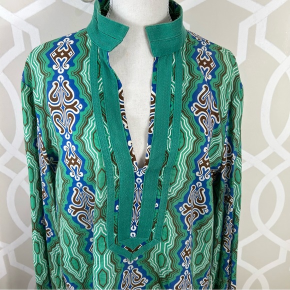 Tory Burch Tory Tunic Top 14 Green Print Ribbon Trim Cotton Long Sleeve Euc - Picture 3 of 10